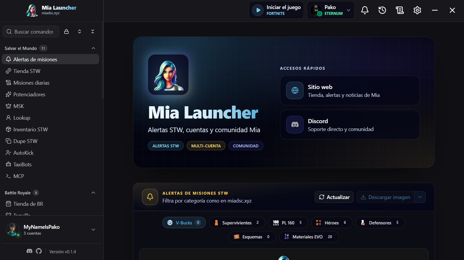 Captura de Mia Launcher con alertas STW y menú lateral